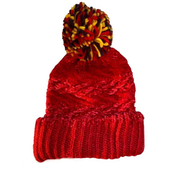 Women’s Chenille Striped Multi Pom Beanie Red - Picture 1 of 2